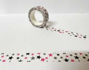 Pink Black and Grey Star Washi Tape, 15mm Washi Tape, Starry Washi, Star Stationary Space Washi, White Washi, Planner Accessories, Scrapbook