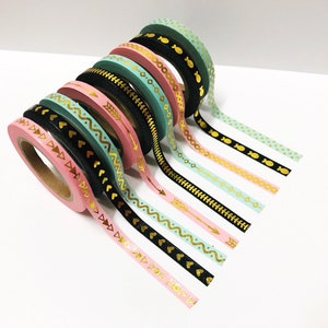 Conjunto de lámina de oro de 9 conjunto de cintas Washi, Washi delgado, Washi azul rosa negro, accesorios de diario de balas, pegatinas del planificador, paquete de cinta Washi delgada