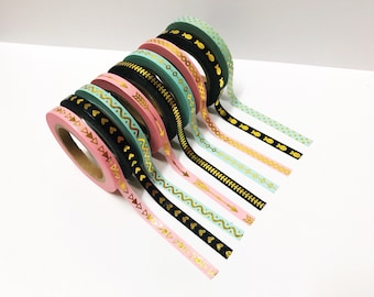 Gold Foil Set of 9 Washi Tape Set, Skinny Washi, Black Pink Blue Washi, Bullet Journal Accessories, Planner Stickers, Thin Washi Tape Pack