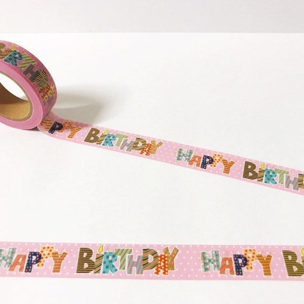 Happy Birthday Washi Tape, Pink Gold Foil Washi Tape, Birthday Present Gift Wrapping Tape, Planner Accessories, Scrapbook, Bullet Journal