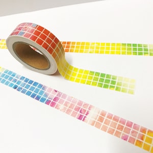 Cinta washi con cuadrados de arcoíris, cinta washi con paleta de colores, cinta washi con espacio nebuloso, papelería con arcoíris, accesorios para bullet journal, cinta para agenda