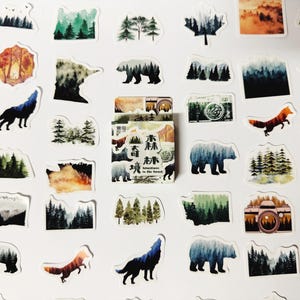 Pegatinas de animales con paisajes, pegatinas de bosques, pegatinas de naturaleza, juego de pegatinas, paquete de pegatinas para álbumes de recortes, accesorios para planificadores, pegatinas para diarios