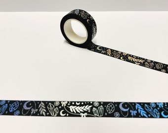 Black and Gold Celestial Moon & Star Pattern Washi Tape, Moon