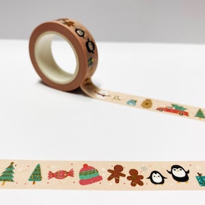 Personajes navideños Washi Tape, Cinta de envoltura navideña, Penguin Gingerbread Man Gold Foil Washi Tape, Planificador de Navidad, Bullet Journal