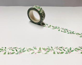 Leaves and Flowers Washi Tape, Green Leaf Washi Tape, Continuous Leaves Pattern Washi, Nature Washi Tape, Bullet Journal Planner Tape