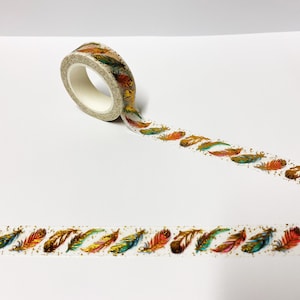 Cinta washi de plumas brillantes, cinta washi dorada de 15 mm, para planificador, cinta decorativa, accesorios para bullet journal, álbum de recortes, plumas arcoíris