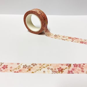 Cinta adhesiva decorativa Washi de flores de cerezo en color rosa, 15 mm x 10 m de largo, de baja adherencia, para diarios, planificadores y bujo.