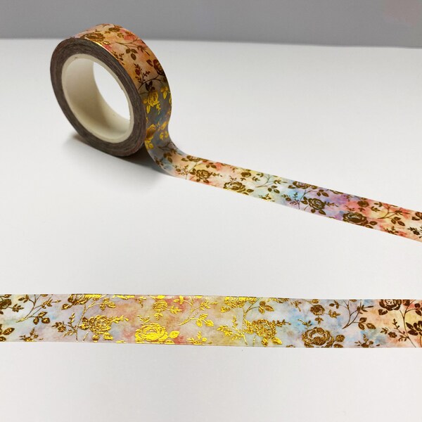 Pastel Rainbow Floral Washi Tape, 15mm Washi, UK, Gold Foil Washi Tape, Rose Washi, Flower Stationery, Bullet Journal, Planner Accessories