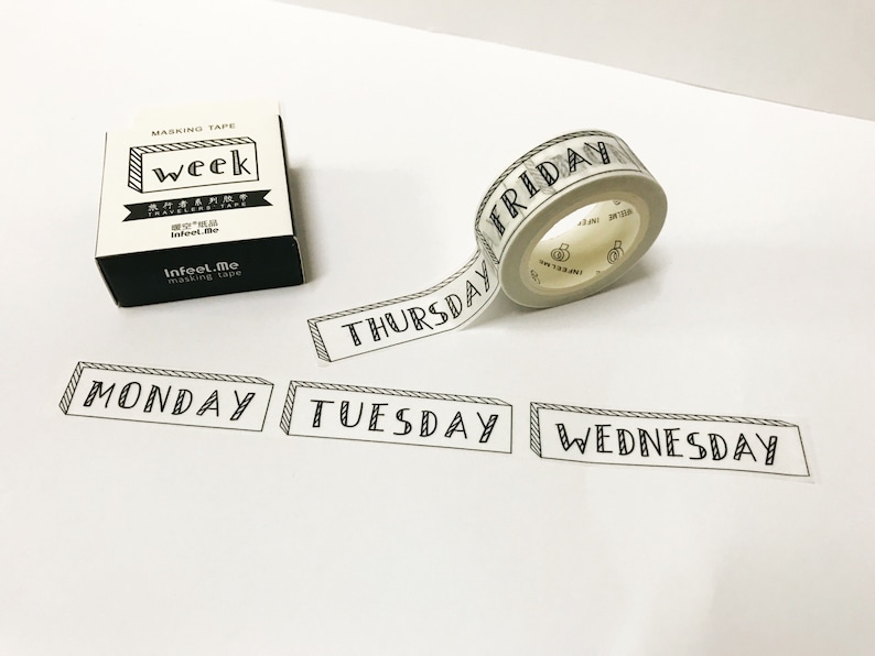 Days of the Week Washi Tape, Weekly Planner, 15mm Washi Tape, Washi Tape UK, Bullet Journal Accessories, Simple Planner, Days Washi Tape 