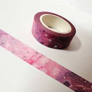 Cinta washi rosa lila espacial, 15 mm x 10 m, para planificador, álbum de recortes, estrellas, galaxia, nebulosa, constelación, papel plateado, Bullet Journal, Bujo