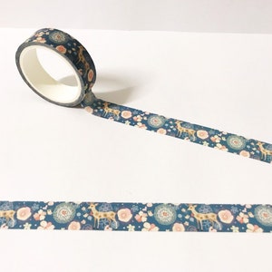 Cinta washi con renos florales de invierno, cinta washi azul marino, washi navideño, planificador navideño, bullet journal, washi navideño floral, washi lindo