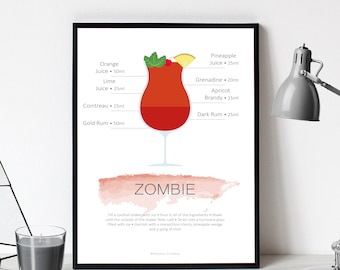 Zombie Cocktail Poster | Instant Download | Digital Download | Cocktail Recipe Print | Kitchen Print | Drinks Print