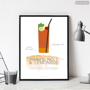 Pimm&#39;s No.1 & Lemonade Cocktail Poster | Instant Download | Digital Download | Cocktail Recipe Print | Kitchen Print | Drinks Print