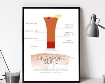 Singapore Sling Cocktail Poster | Instant Download | Digital Download | Cocktail Recipe Print | Kitchen Print | Drinks Print