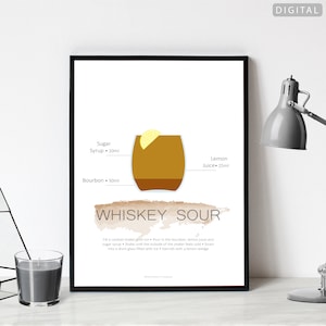 Poster mit Whiskey Sour Cocktail Poster | Sofortdownload | Digitaler Download | Cocktail-Rezept-Druck | Küchen Poster | Getränke Print