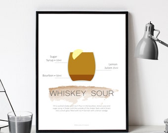 Whiskey Sour Cocktail Poster | Instant Download | Digital Download | Cocktail Recipe Print | Kitchen Print | Drinks Print