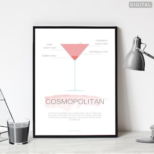 Cosmopolitan Cocktail Poster | Sofortdownload | Digitaler Download | Cocktail-Rezept-Druck | Küchen Poster | Getränke Print