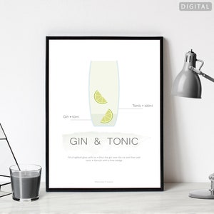 Gin & Tonic Cocktail Poster | Instant Download | Digital Download | Cocktail Recipe Print | Kitchen Print | Drinks Print