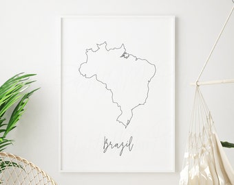 ブラジル地図の線画デジタル印刷可能、即時ダウンロード印刷、ブラジルの壁飾り、新築祝いの装飾、ブラジル地図の壁アート