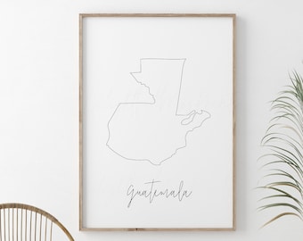 グアテマラ地図の線画デジタル印刷可能、即時ダウンロード印刷、グアテマラの壁飾り、新築祝いの装飾、グアテマラ地図の壁アート