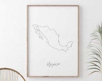 メキシコ地図の線画デジタル印刷可能、即時ダウンロード印刷、メキシコの壁飾り、新築祝いの装飾、メキシコ地図の壁アート