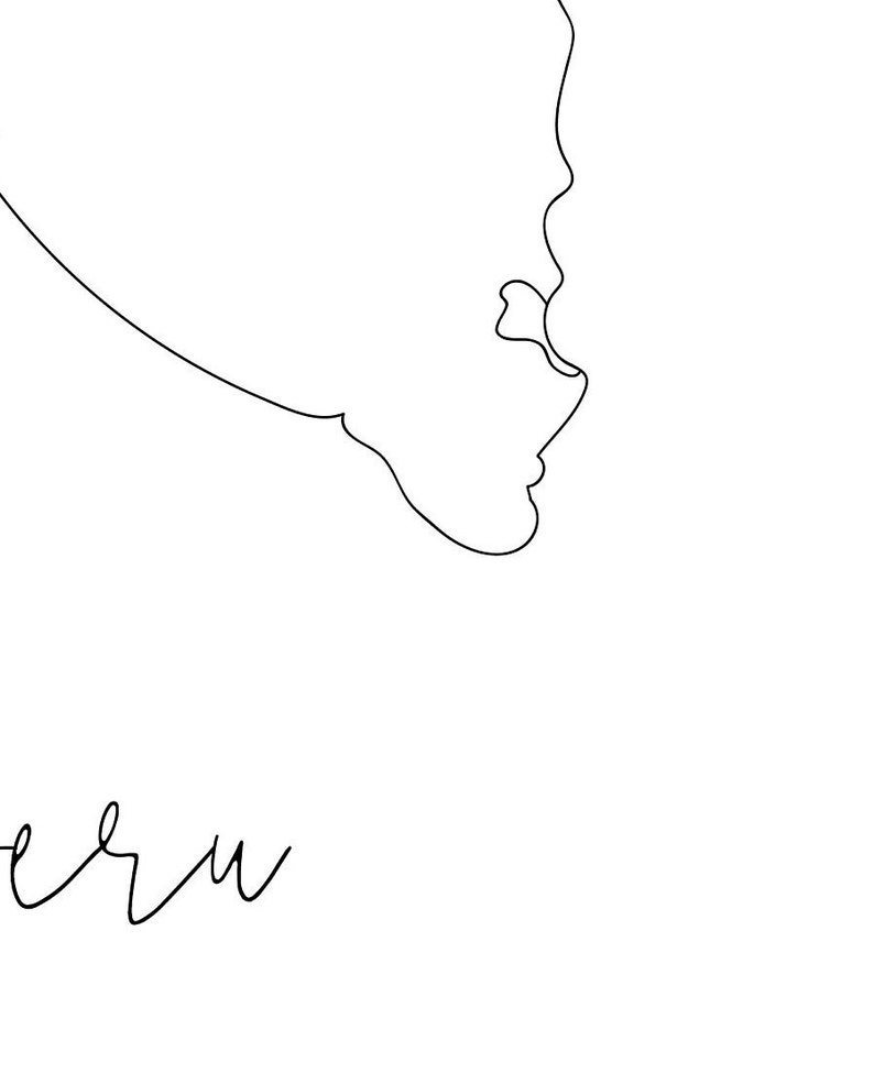 May include: A minimalist line drawing of a profile, depicting a face in a continuous black line on a white background. The word "eru" is written in cursive script below the profile.