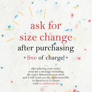 以下が含まれることがあります： カラフルな紙吹雪のある白い背景にテキスト。赤い文字で「ask for size change after purchasing * free of charge! *」と書かれています。追加のテキストは、サイズの変更を要求する方法を説明しています。