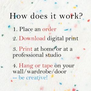 以下が含まれることがあります： カラフルな紙吹雪のある白い背景にテキスト。テキストは「How does it work?」と書かれており、4つのステップが続きます。注文する、デジタルプリントをダウンロードする、自宅または専門スタジオで印刷する、壁/ワードローブ/ドアに掛けるかテープで貼る。