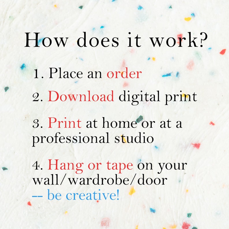 以下が含まれることがあります： カラフルな紙吹雪のある白い背景にテキスト。テキストは「How does it work?」と書かれており、4つのステップが続きます。注文する、デジタルプリントをダウンロードする、自宅または専門スタジオで印刷する、壁/ワードローブ/ドアに掛けるかテープで貼る。