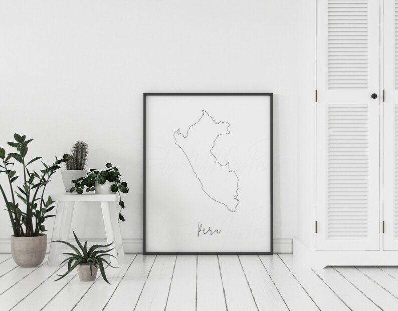 May include: A framed minimalist art print showing a black line drawing of Peru against a white backdrop. The word "Peru" is written in cursive below the map. The print is in a black frame, suitable for a modern interior.