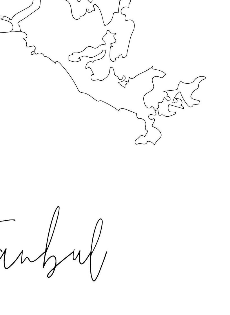 以下が含まれることがあります： 地図の輪郭のミニマリストな白黒の線画イラストで、都市名「イスタンブール」が筆記体で地図の下に書かれています。地図は、その地域の地理的特徴を示しています。