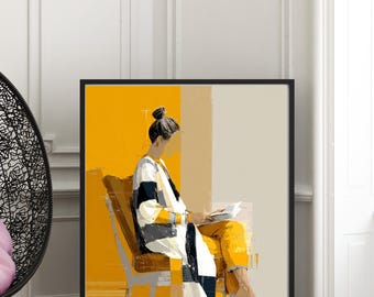 May include: Abstract art print depicting a person reading in a chair. The artwork uses a palette of yellow, black, white, and grey. The person wears a patterned coat and yellow trousers. The print is framed in a black frame.