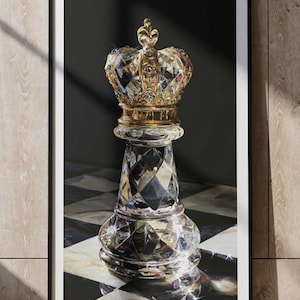 Könnte beinhalten: Ein gerahmter Kunstdruck, der eine klare, facettierte Schachkönig-Figur aus Kristall mit einer detaillierten goldenen Krone zeigt. Die Schachfigur steht auf einer schwarz-weißen Schachbrettfläche, wobei sich das Licht im Kristall spiegelt.