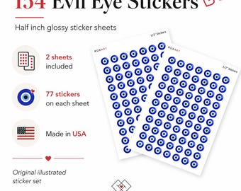 154 Evil Eye Stickers - Half inch evil eye stickers. Approx. 4.5"x6.5" Sticker Sheet. Made in USA.