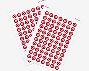 154 Red Evil Eye Stickers - Half inch evil eye stickers. Approx. 4.5"x6.5" Sticker Sheet. Made in USA.