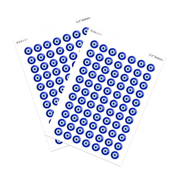 154 Evil Eye Stickers - Half inch evil eye stickers. Approx. 4.5"x6.5" Sticker Sheet. Made in USA.