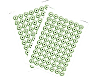 154 Green Evil Eye Stickers - Half inch evil eye stickers. Approx. 4.5"x6.5" Sticker Sheet. Made in USA.