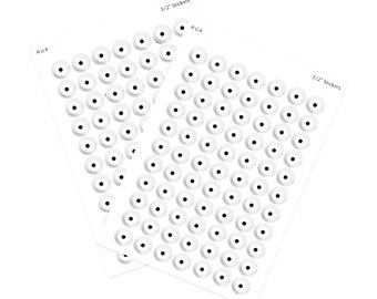 154 White Evil Eye Stickers - Half inch evil eye stickers. Approx. 4.5"x6.5" Sticker Sheet. Made in USA.