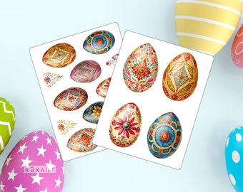 Vintage Style Egg Shaped Stickers - Glossy Sticker Set - 2 Sheets, Nowruz, Easter