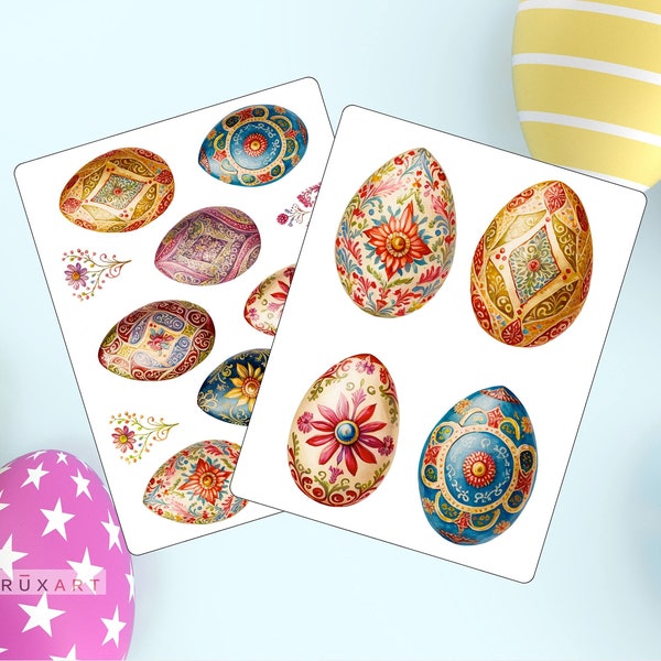 Vintage Style Egg Shaped Stickers - Glossy Sticker Set - 2 Sheets, Nowruz, Easter