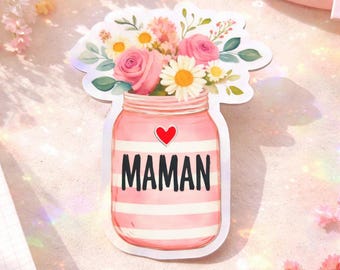 Maman Floral Jar Sticker | Holographic Vinyl Sticker | Cute Mom Gift | Water Bottle Laptop Decal | Pink Flower Aesthetic Sticker