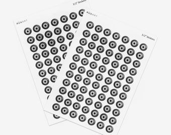 154 Black Evil Eye Stickers - Half inch evil eye stickers. Approx. 4.5"x6.5" Sticker Sheet. Made in USA.