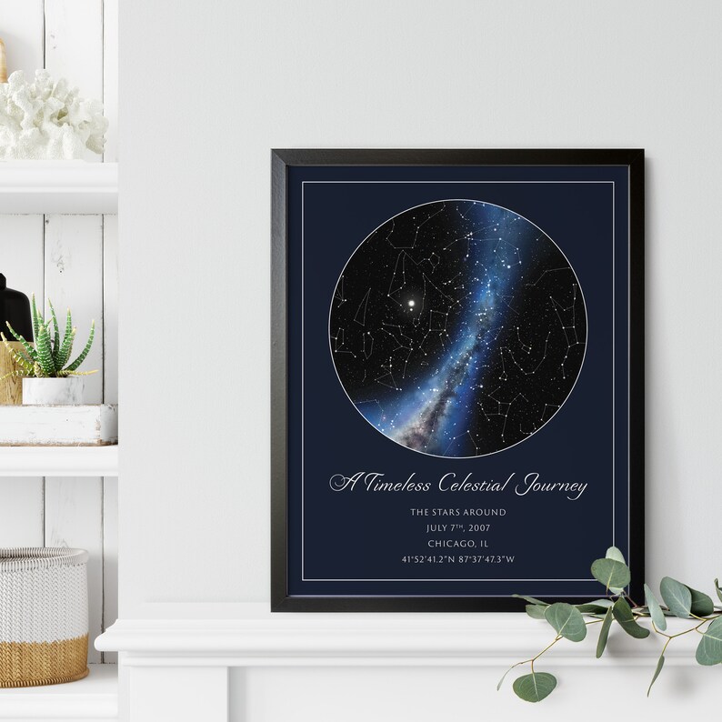 May include: Framed print featuring a celestial map with a dark blue background. The print includes a circular depiction of stars and the Milky Way, with the text "A Timeless Celestial Journey" and location details.