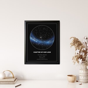 May include: A framed print featuring a star map with a dark blue and white galaxy design. The text "CHAPTER OF OUR LOVE" is displayed, along with the date July 7, 2007, and the location Chicago, IL. The print is in a black frame.