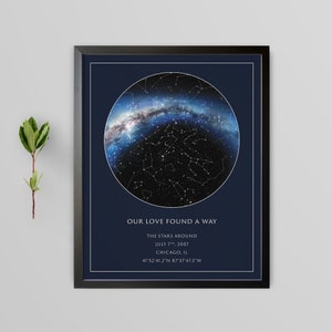 May include: Framed print featuring a celestial map within a dark blue background. The print includes the text "OUR LOVE FOUND A WAY" and details about a specific date and location, with coordinates. The artwork is encased in a black frame.