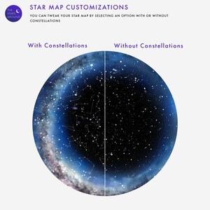 May include: A split-screen image showcasing star map customizations. The left side displays a star map "With Constellations," while the right side shows "Without Constellations." The maps are circular, set against a gradient blue and white background, with text at the top describing the customization options.