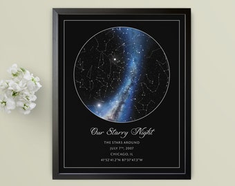 Night Sky Print, Custom Star Chart Constellation Map, 2nd Anniversary Gift for Husband, Cotton Anniversary Gifts for Men, Romantic Gift Him