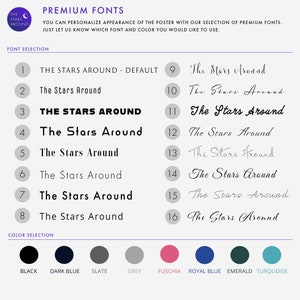 May include: Poster design options with the text "THE STARS AROUND" in various fonts. Includes a color selection palette with black, dark blue, slate, grey, fuchsia, royal blue, emerald, and turquoise.