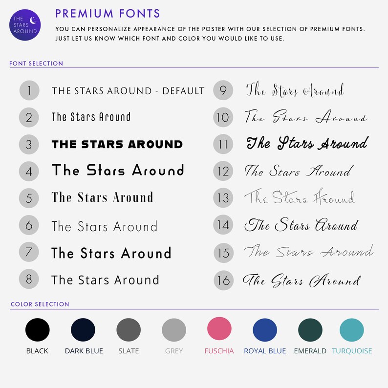 May include: Poster design options with the text "THE STARS AROUND" in various fonts. Includes a color selection palette with black, dark blue, slate, grey, fuchsia, royal blue, emerald, and turquoise.