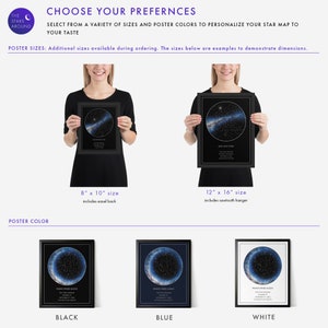 May include: The image showcases personalized star maps in various sizes and colors. Two examples are displayed: an 8" x 10" poster and a 12" x 16" poster. The poster color options include black, blue, and white, each with a celestial design.